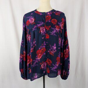 Ophelia Roe Floral Blouse Button Front Red Blue Purple Lightweight Plus Size 2X